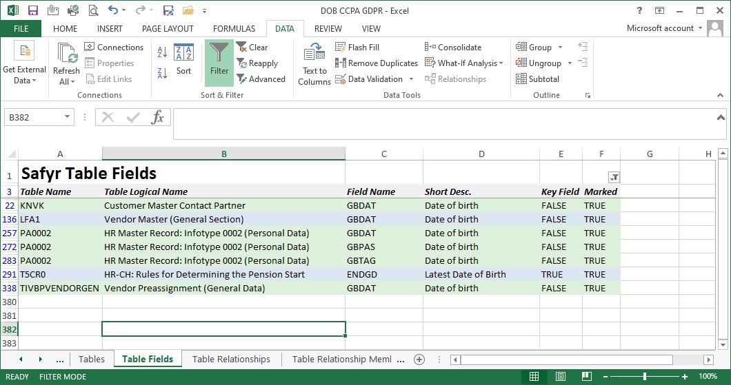 Example of Safyr delivering SAP tables and attributes in Excel